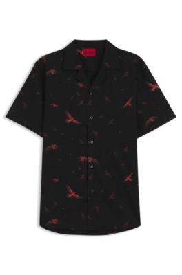 Relaxed-fit shirt in printed cotton poplin, Black Patterned