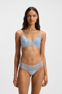 Plunge bra in microfibre with peony lace, Light Blue
