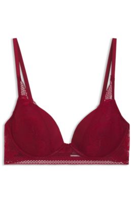 Plunge bra in microfibre with peony lace, Dark Red
