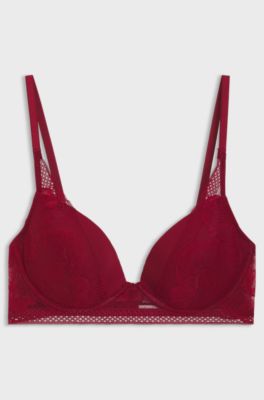 Plunge bra in microfibre with peony lace, Dark Red