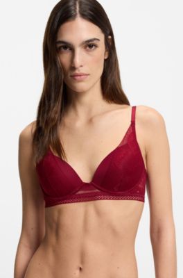 Plunge bra in microfibre with peony lace, Dark Red