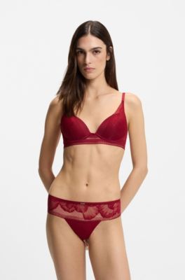 Plunge bra in microfibre with peony lace, Dark Red