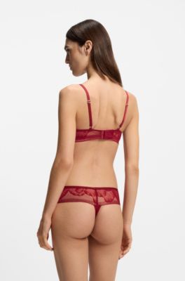 Plunge bra in microfibre with peony lace, Dark Red