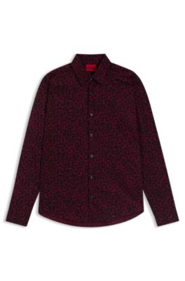Slim-fit shirt in printed cotton poplin, Red Patterned