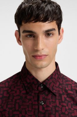 Slim-fit shirt in printed cotton poplin, Red Patterned