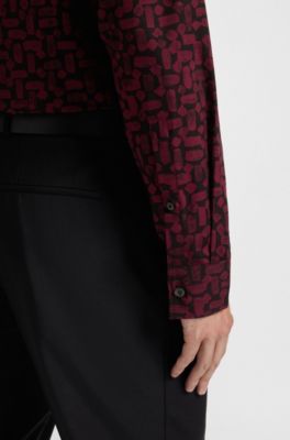 Slim-fit shirt in printed cotton poplin, Red Patterned