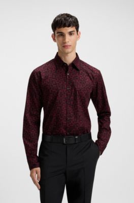 Slim-fit shirt in printed cotton poplin, Red Patterned