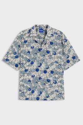 Relaxed-fit shirt in printed cotton poplin, Blue Patterned