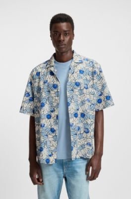 Relaxed-fit shirt in printed cotton poplin, Blue Patterned