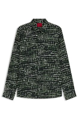 Relaxed-fit shirt in abstract-print poplin, Green Patterned