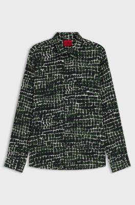 Relaxed-fit shirt in abstract-print poplin, Green Patterned