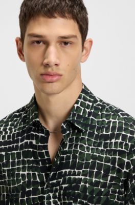 Relaxed-fit shirt in abstract-print poplin, Green Patterned