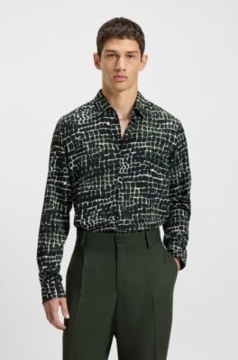 Relaxed-fit shirt in abstract-print poplin, Green Patterned