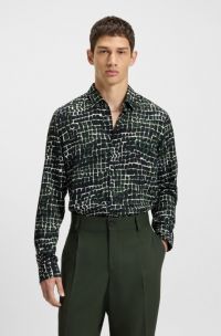 Camicia relaxed fit in popeline con stampa astratta, Verde a motivi