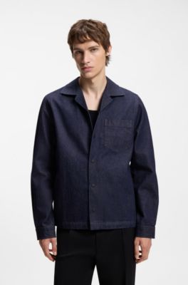 Oversized-fit overshirt in Japanese rigid denim, Dark Blue