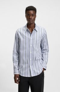 Oversized-fit shirt in striped cotton poplin, Blue Patterned