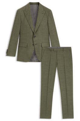 Slim-fit suit in melange virgin wool and silk, Olive