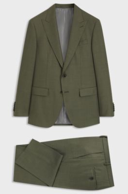 Slim-fit suit in melange virgin wool and silk, Olive
