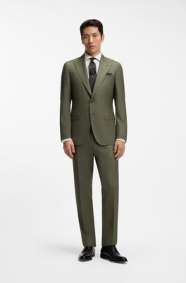 Slim-fit suit in melange virgin wool and silk, Olive
