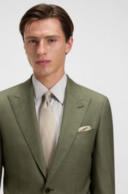 Slim-fit suit in melange virgin wool and silk, Olive