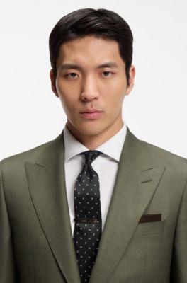 Slim-fit suit in melange virgin wool and silk, Olive