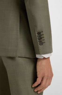 Slim-fit suit in melange virgin wool and silk, Olive