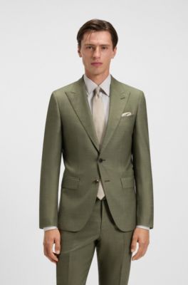 Slim-fit suit in melange virgin wool and silk, Olive