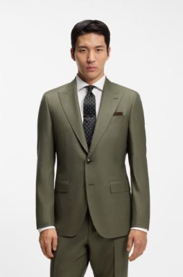 Slim-fit suit in melange virgin wool and silk, Olive