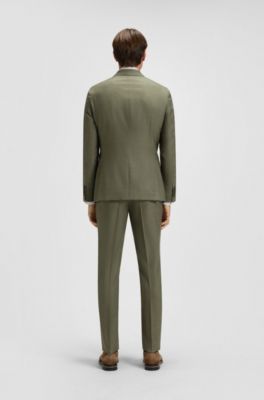 Slim-fit suit in melange virgin wool and silk, Olive