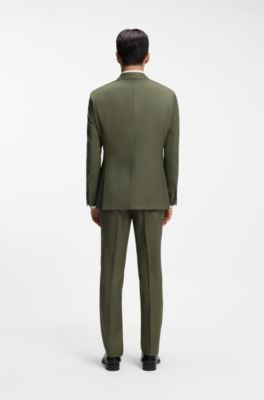 Slim-fit suit in melange virgin wool and silk, Olive
