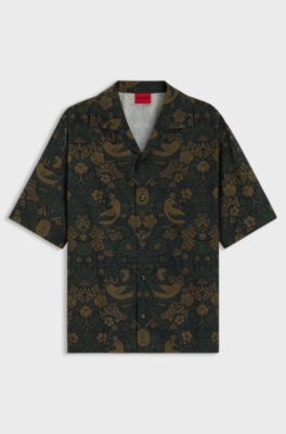 Oversized-fit shirt in printed cotton poplin, Green Patterned
