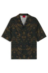 Oversized-fit shirt in printed cotton poplin, Green Patterned