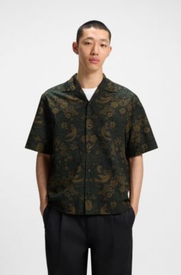Chemise Oversize en popeline de coton imprim&eacute;e, Vert &agrave; motif
