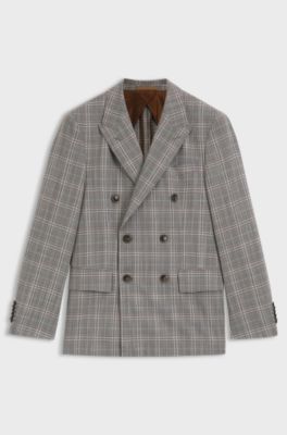 Slim-fit jacket in checked virgin wool and silk, Brown Patterned