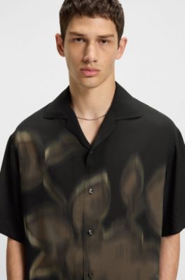 Oversized-fit shirt with floral print, Black Patterned