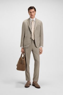 Slim-fit trousers in micro-patterned wool and silk, Beige