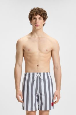 Block-stripe swim shorts with logo label, Grey
