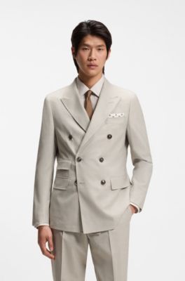 Two-piece slim-fit suit in patterned virgin wool, Beige