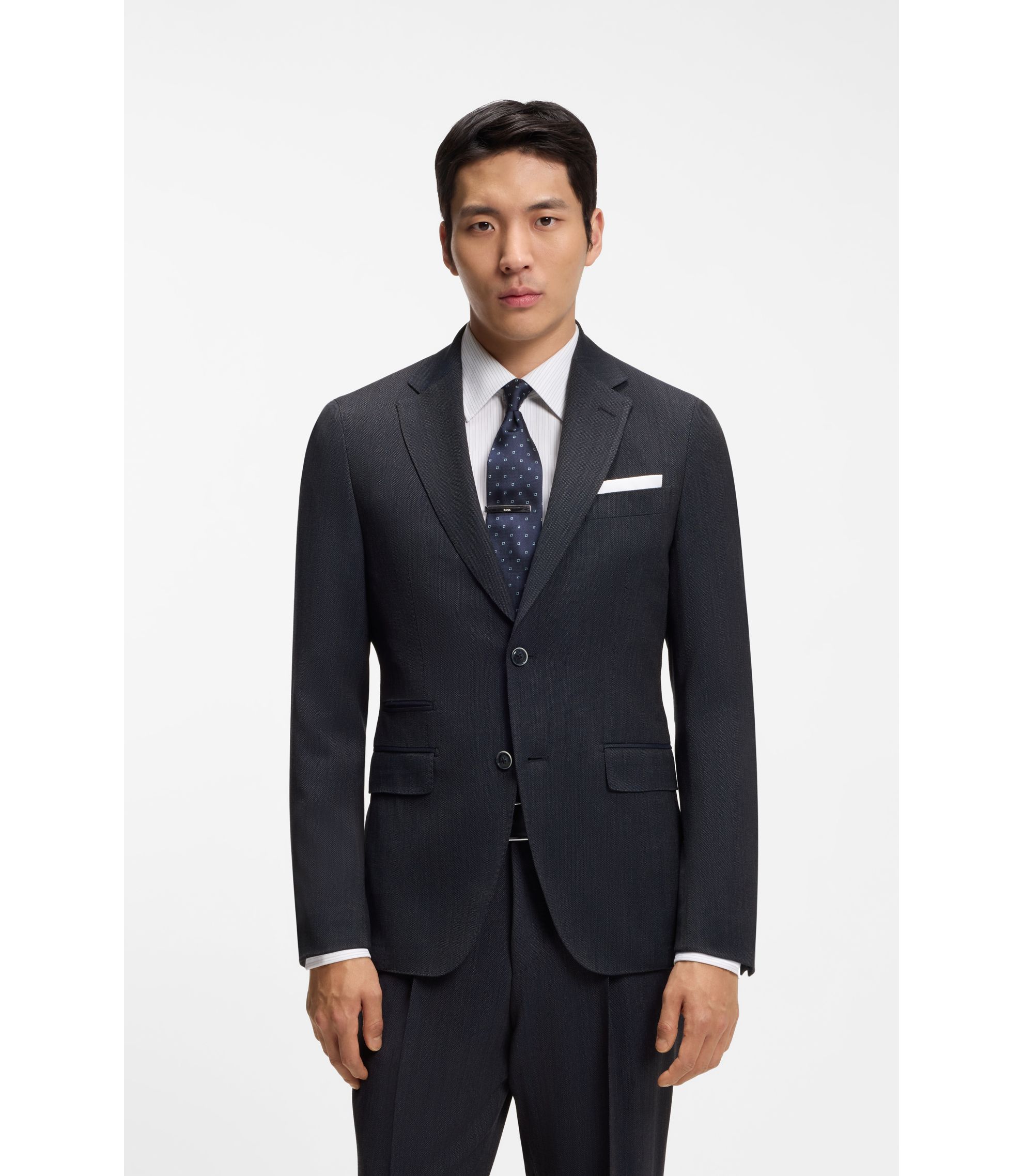 BOSS - スリムフィットスーツ バージンウール/シルク - ダークブルー