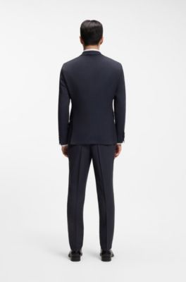 Costume slim en laine vierge et soie, Bleu fonc&eacute;