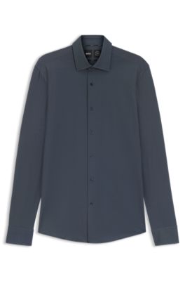 Slim-fit shirt in printed performance-stretch twill, Dark Blue