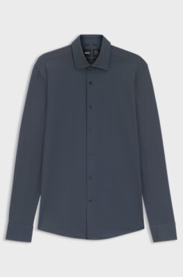 Slim-fit shirt in printed performance-stretch twill, Dark Blue