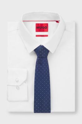 Jacquard-pattern tie blended with silk, Dark Blue