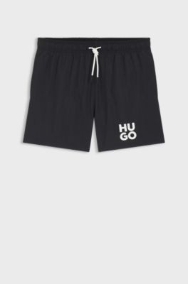 Quick-dry swim shorts with printed stacked logo, Black
