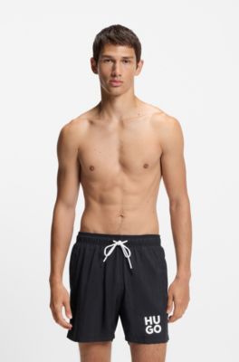 Quick-dry swim shorts with printed stacked logo, Black