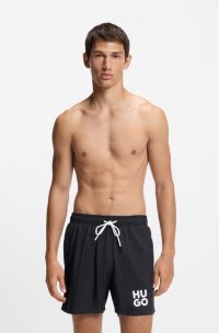 Quick-dry swim shorts with stacked-logo print, Black