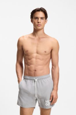 Quick-dry swim shorts with printed stacked logo, Light Grey