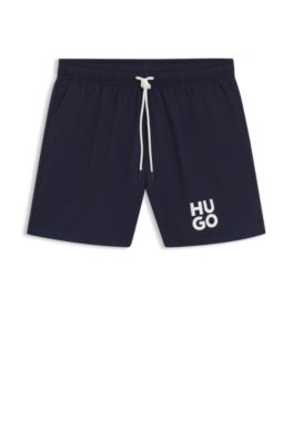 Quick-dry swim shorts with printed stacked logo, Dark Blue