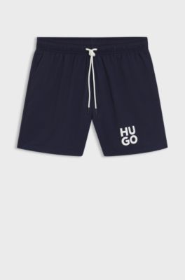 Quick-dry swim shorts with printed stacked logo, Dark Blue