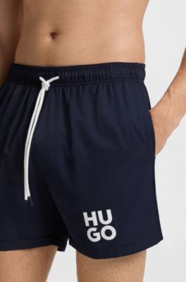 Quick-dry swim shorts with printed stacked logo, Dark Blue